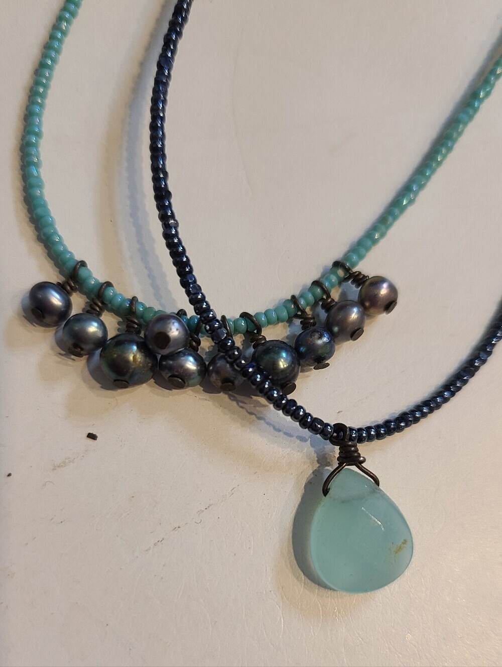 Beaded Aqua Teal And Navy Layered Necklace and Earring Set - Picture 2 of 3